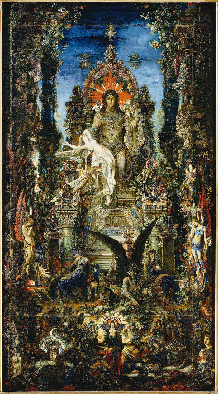 Gustave Moreau's Jupiter and Semele (1894–95): Zeus enthroned in radiant splendour, recalling the myth of Semele and the god's overwhelming divine glory.