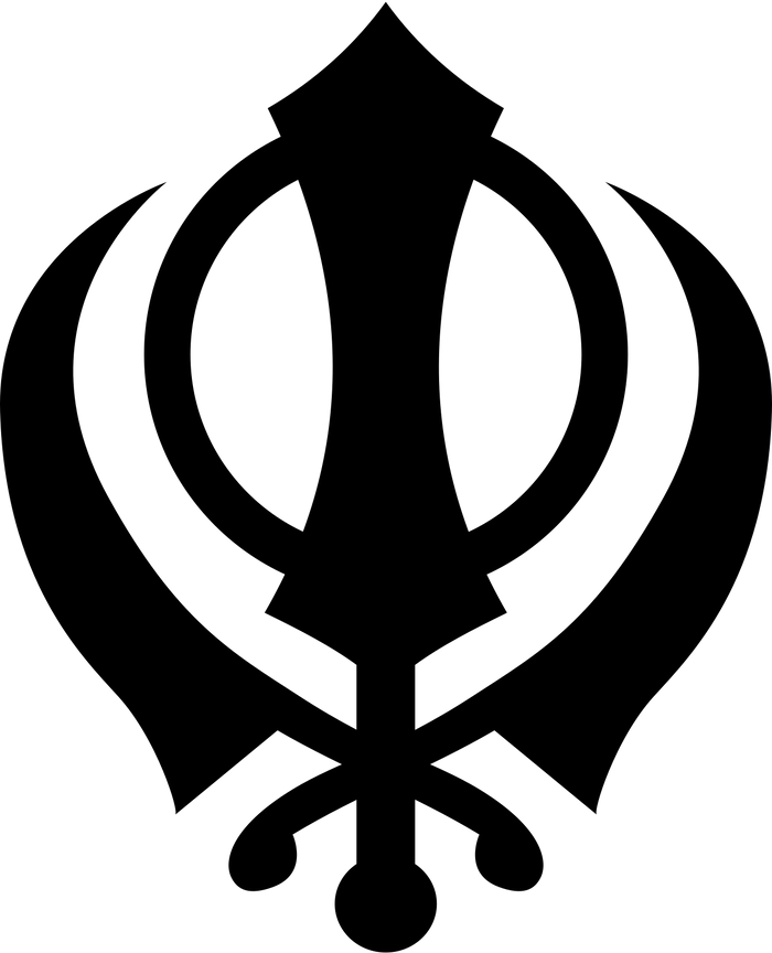 The Khanda: a double-edged sword at the centre, the circle of the chakkar, and two crossed kirpans for miri and piri.