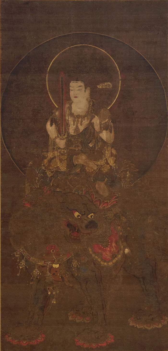 Kamakura-period Japanese hanging scroll of Monju Bosatsu riding a lion and holding a sword, Raikoji, Toyama.