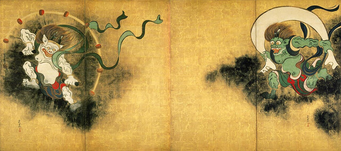 Wind God and Thunder God screens, 17th century: green Fūjin with his wind bag, white Raijin ringed by drums, on gold leaf.
