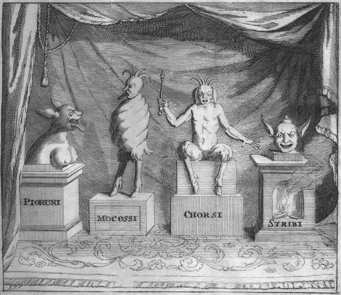 17th-century engraving from a book on Muscovite religion. A pedestal labelled "Mocossi" shows her among Slavic idols, as an outside source recorded her.