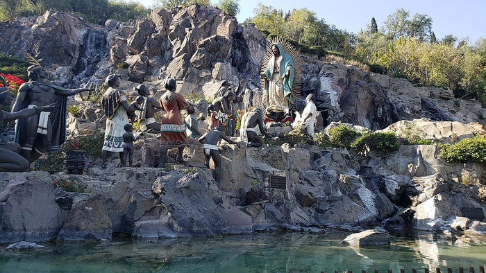 Sculptural group at the Tepeyac hill shrine showing Our Lady of Guadalupe appearing to Juan Diego.