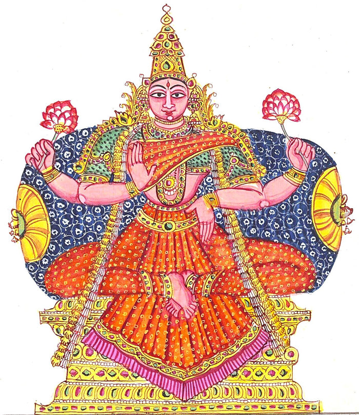 Painting from around 1825 of four-armed Lakshmi seated and holding two lotuses, in South Indian style.