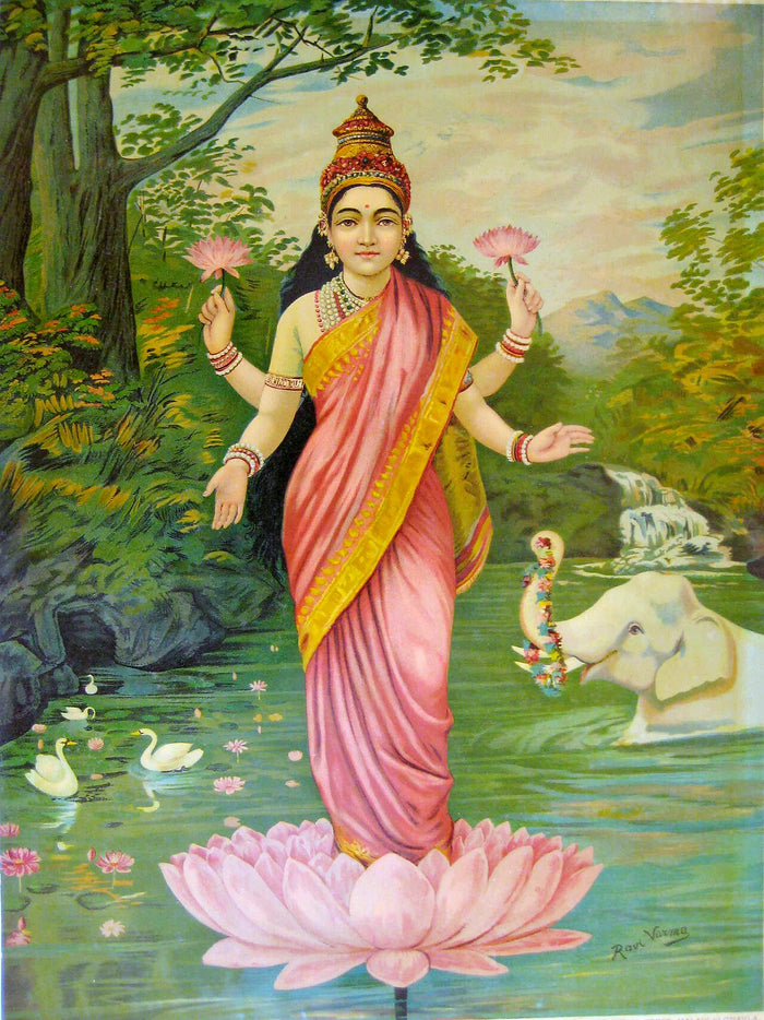 Chromolithograph after Ravi Varma showing Lakshmi standing on a lotus with lotus flowers, swans and an elephant.