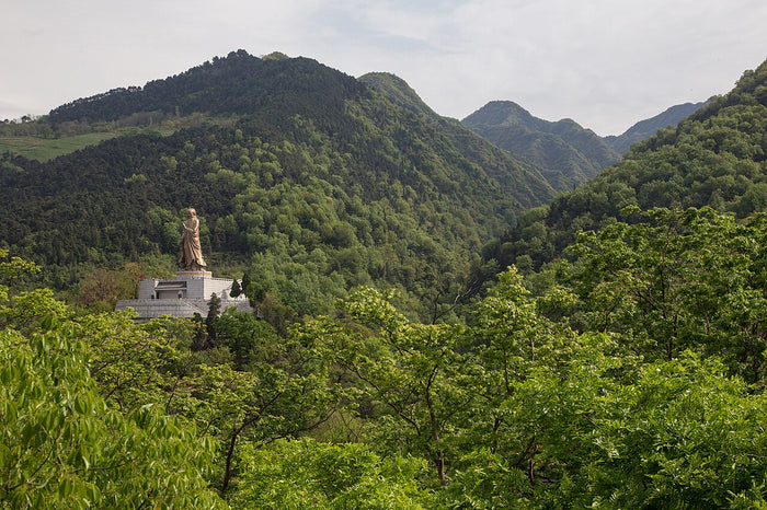 Colossal Laozi statue on the hillside at Louguantai Temple, the traditional site where he is said to have composed the Daodejing.