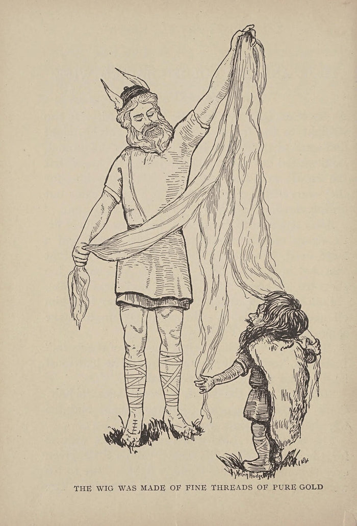 Loki and Dvalin, 1871 illustration: Loki holds the wig of fine golden threads made by the dwarf.