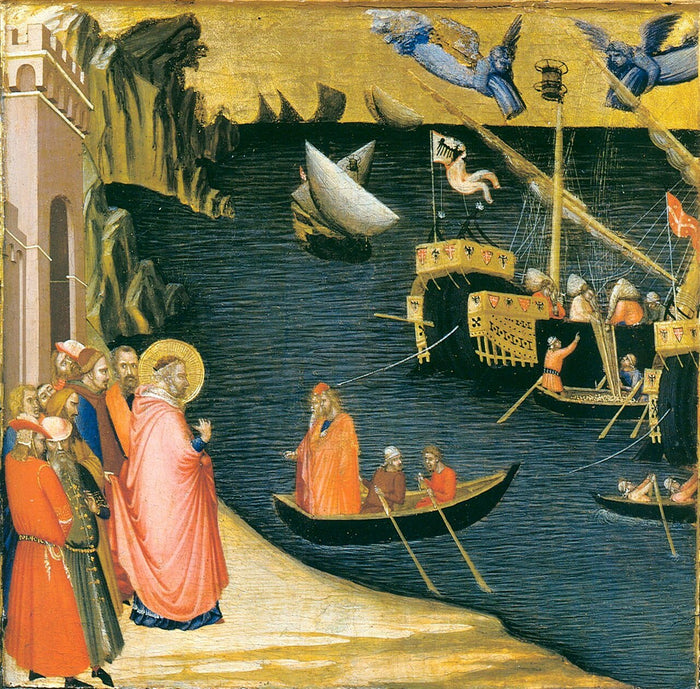 Ambrogio Lorenzetti, 1332: Saint Nicholas miraculously fills ship holds with grain, a famous episode from his legend.