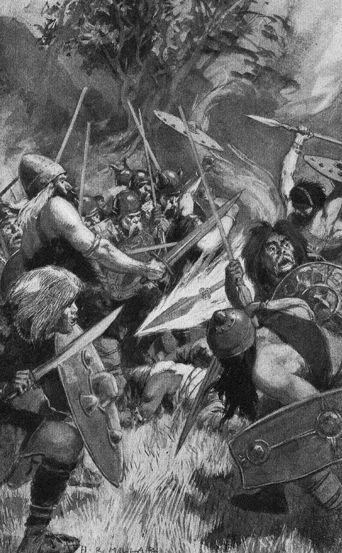H. R. Millar's 1905 illustration of battle, with Lugh's spear blazing amid warriors, recalling his role as a warrior chief of the Tuatha Dé Danann.