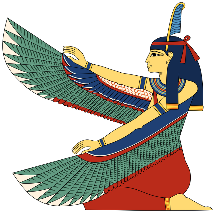 Modern illustration of Ma'at kneeling with outstretched wings and the feather on her head.