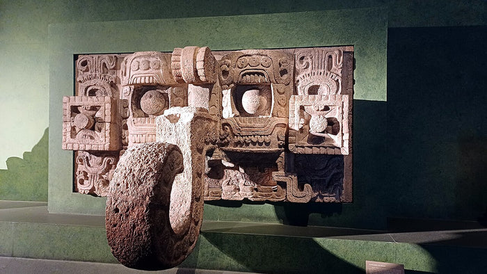 Chaac mask from the Codz Pop building at Kabah, with the characteristic upturned, curling nose in Puuc style.