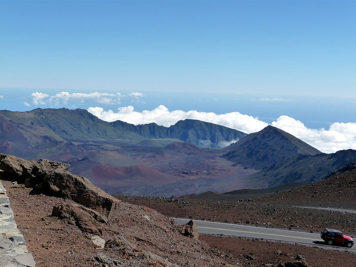 View across Haleakalā crater on Maui, 2011. Hawaiian tradition says Māui snared the sun from this mountain, whose name means 'house of the sun'.