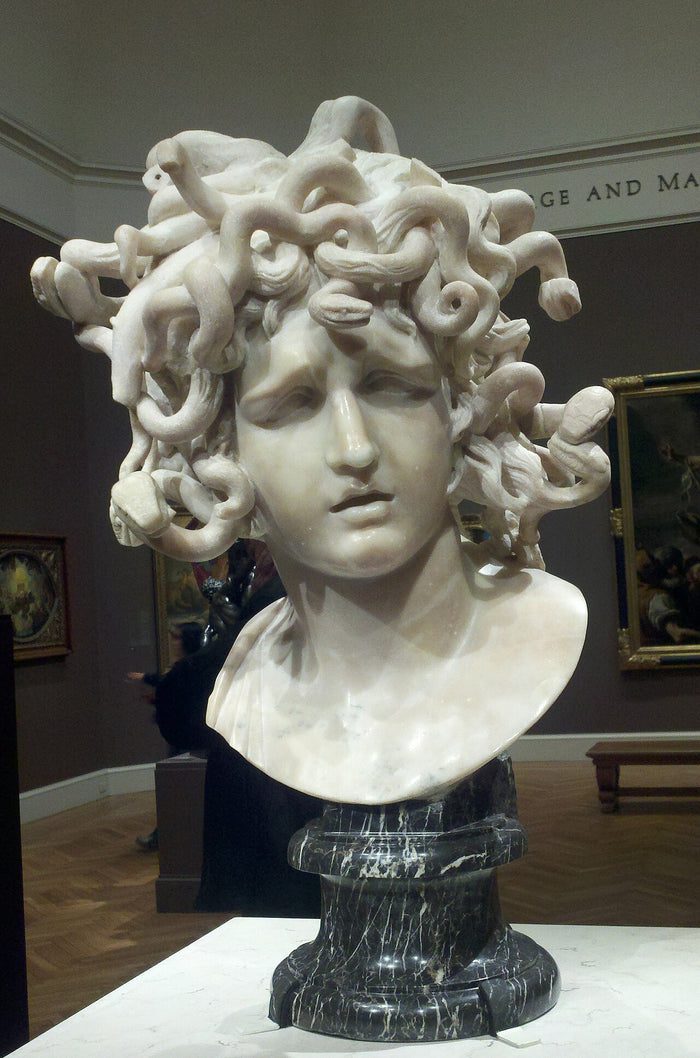 Bernini's marble Medusa bust, a Baroque portrayal with writhing snakes for hair and a troubled expression.