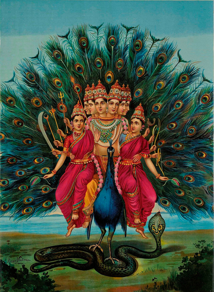 Ravi Varma-style print of Shanmukha Subrahmanya: six faces, peacock mount and serpent, with consorts beside him.