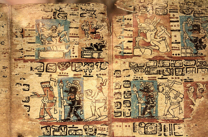 Page of the Madrid Codex, a Postclassic Yucatec Maya book whose almanacs feature Itzamna among its deities.