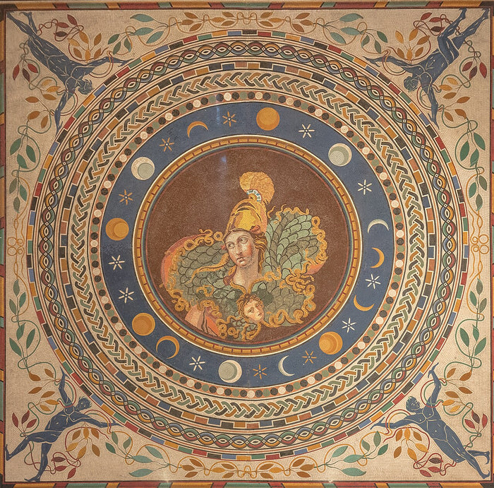 Roman mosaic of Athena in a crested helmet and scaled aegis with Medusa's head, ringed by moon phases.
