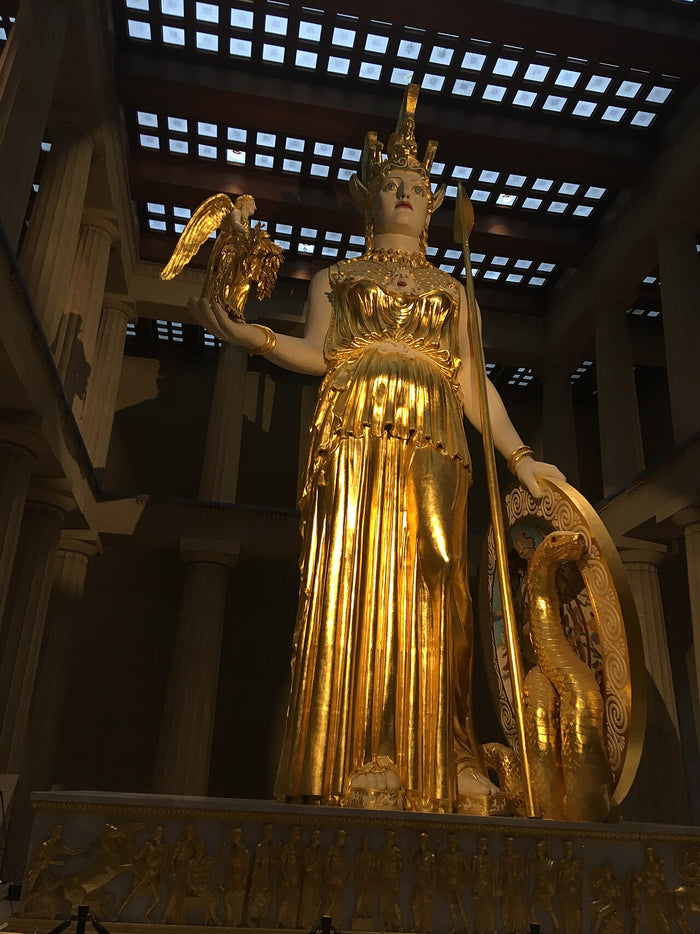 Gilded Athena Parthenos in the Nashville Parthenon, a full-scale replica showing Nike, spear, shield and sacred serpent.