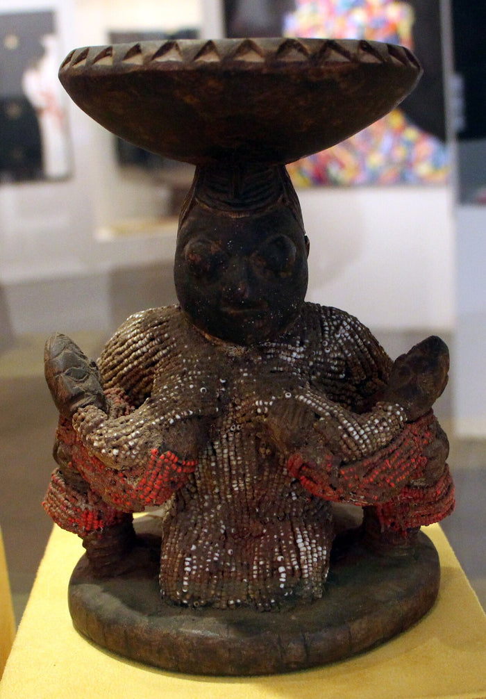 Yoruba beaded figure with Ibeji twins, 20th century, labelled Iemanjá. It shows Yoruba sacred art honouring the water mother.