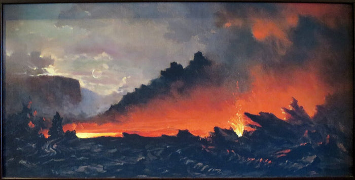 Charles Furneaux, Night in Kilauea Crater, 1885: fiery lava glow under a crescent moon at Pele's dwelling.