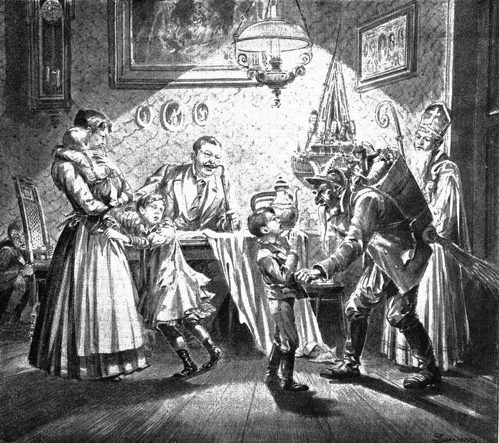 1896 print of Saint Nicholas and Krampus, with basket and birch rod, visiting a family and frightening the children.