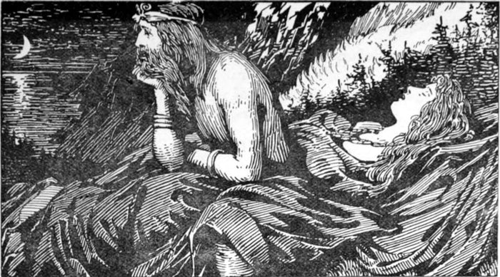 Njörd's Desire of the Sea, 1908 illustration: the god gazes wistfully seaward, reflecting his association with sea and coast.