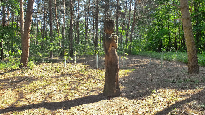 Carved wooden statue of the goddess Mokoš in a forest at Mokošín. It is a modern place devoted to her.