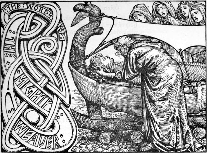 Collingwood's 1908 illustration shows Odin speaking last words to Baldr, who lies on his funeral ship.