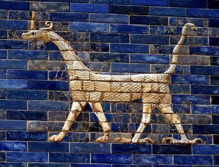Glazed-brick dragon (mušḫuššu) from the Ishtar Gate of Babylon, 6th century BCE, the animal sacred to Marduk.
