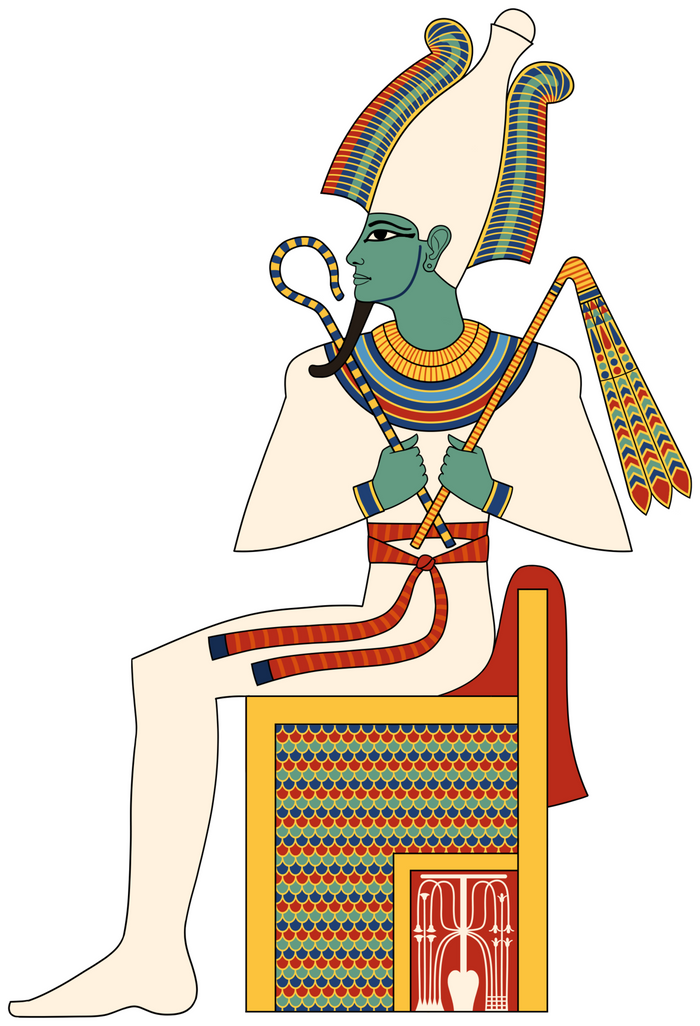 Osiris enthroned in a modern drawing, with green skin, white Atef crown, crook and flail, and a false beard.