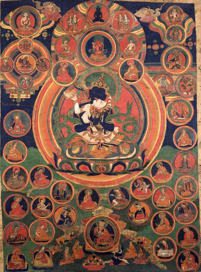 17th-century Tibetan thangka of Padmasambhava (Orgyen Dorje Chang) with Yeshe Tsogyal, emanations, Nyingma gurus and Samantabhadra.