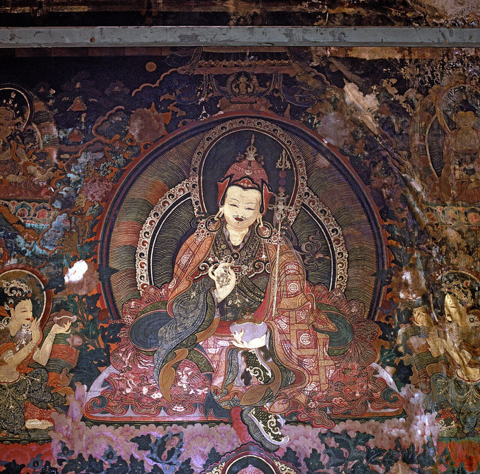 Bhutanese wall painting of Padmasambhava, c. 1692–93, holding a vajra and skull cup and wearing his lotus hat.