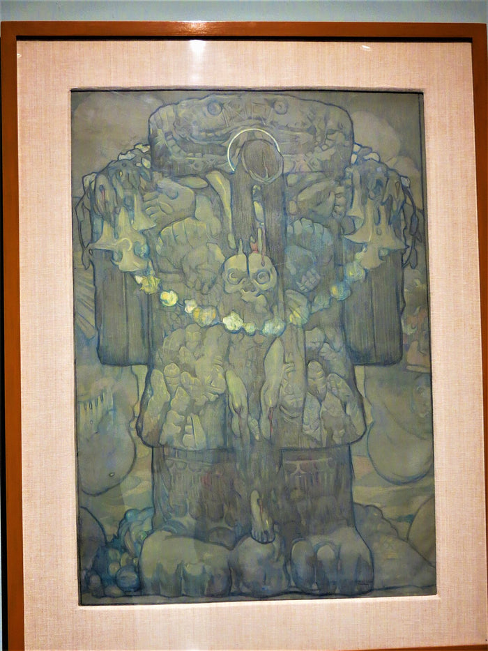 Saturnino Herrán's central panel of 'Nuestros dioses (Coatlicue transformada)', a modern painted reinterpretation of the statue.