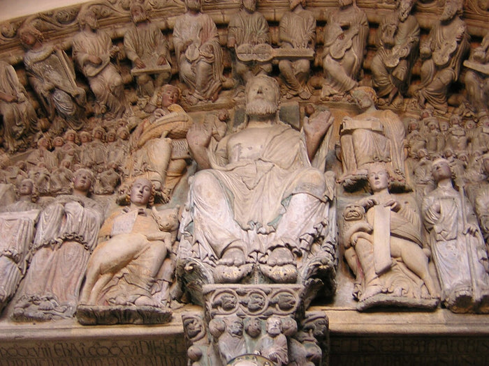 Romanesque tympanum of Christ in Majesty at the Pórtico de la Gloria, Santiago de Compostela cathedral, destination of the pilgrimage.
