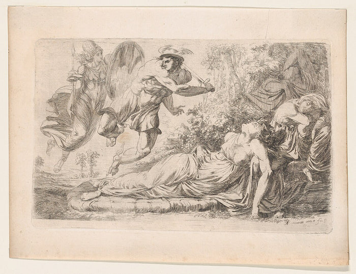 Perseus and the Sleeping Medusa, 1774 etching: Perseus, guided by Hermes and Athena, approaches the sleeping Gorgon.