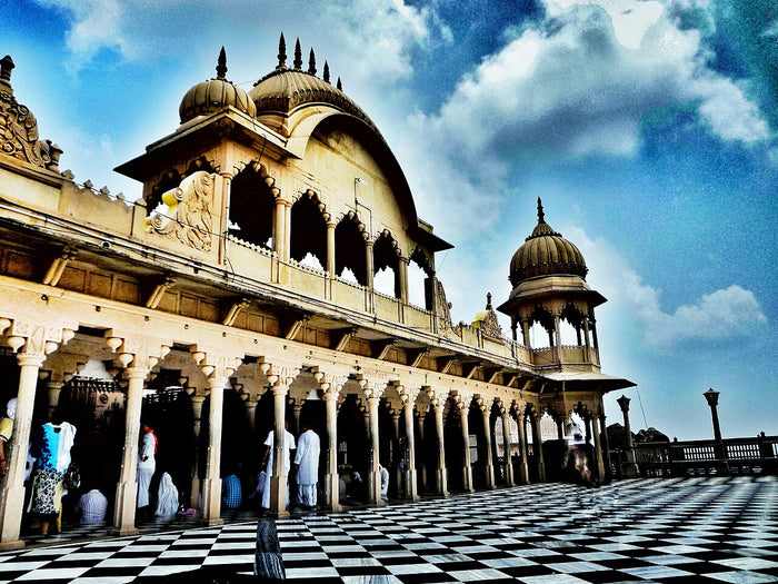 Radha Rani Mandir, Barsana, 2016: the hilltop temple devoted to Radha, with a chequered courtyard and domed pavilions.