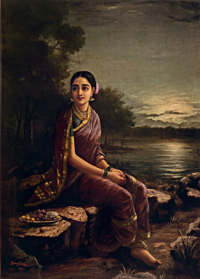 Radha in the Moonlight, Raja Ravi Varma, 1890: a seated Radha in a moonlit landscape, waiting for Krishna.