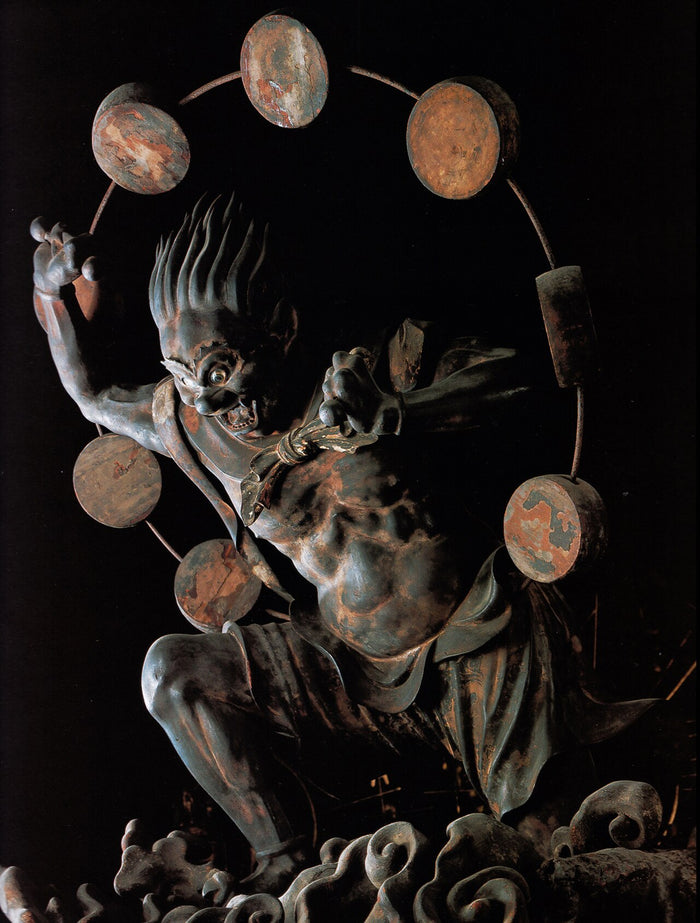 Raijin at Sanjūsangen-dō, mid-13th century, surrounded by his ring of thunder drums as a temple guardian.