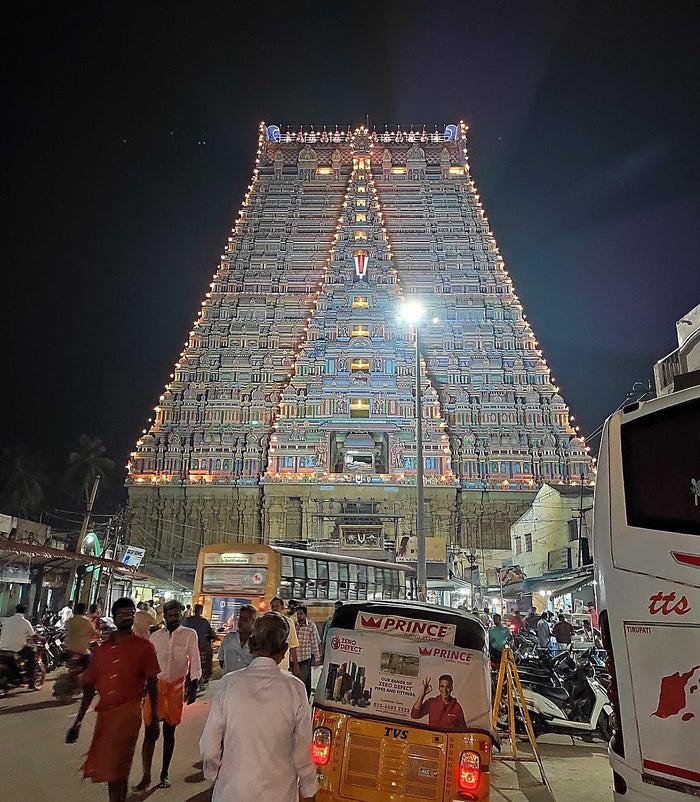Gopuram of Ranganathaswamy Temple, Srirangam, illuminated at night; a major Vaishnava temple dedicated to Vishnu.