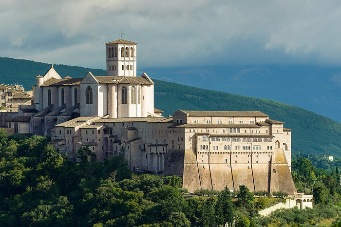 Basilica of St Francis in Assisi, the hilltop church that holds the saint's tomb and is a major pilgrimage site.