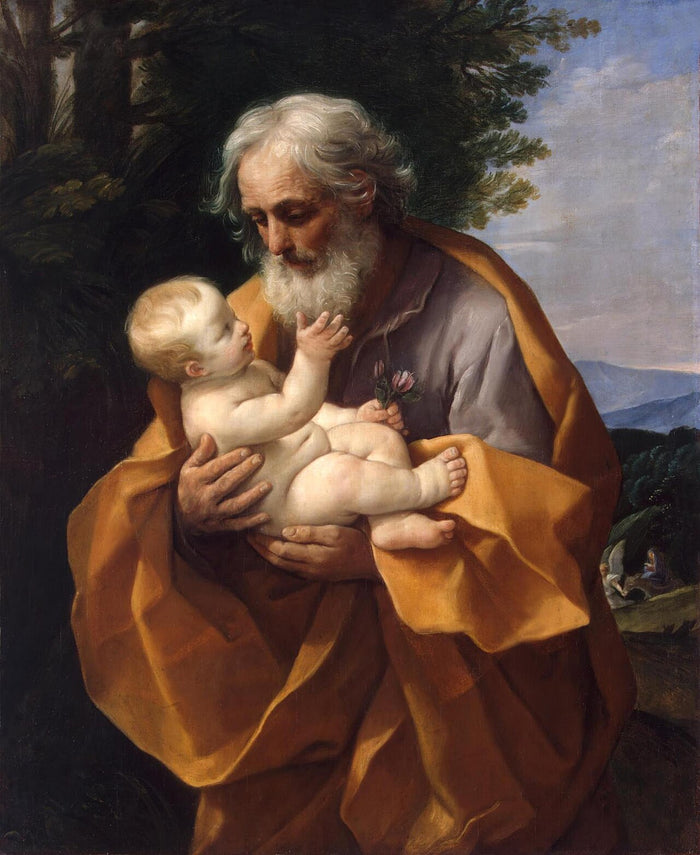 Guido Reni's St Joseph with the Infant Jesus (c. 1635): the aged, bearded Joseph tenderly cradles the child and holds a flowering sprig.