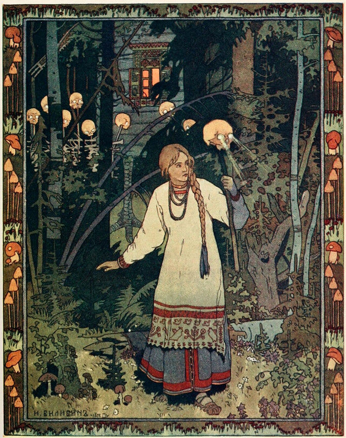 Bilibin's 1899 illustration of Vasilisa approaching Baba Yaga's hut, with its fence of glowing skulls in the dark forest.