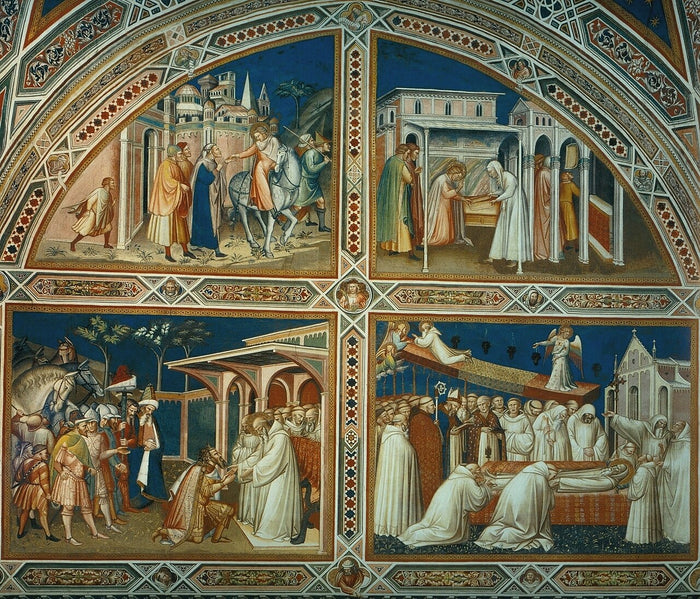 Spinello Aretino's 1387 frescoes at San Miniato al Monte, Florence, narrate episodes from Benedict's life and legend.