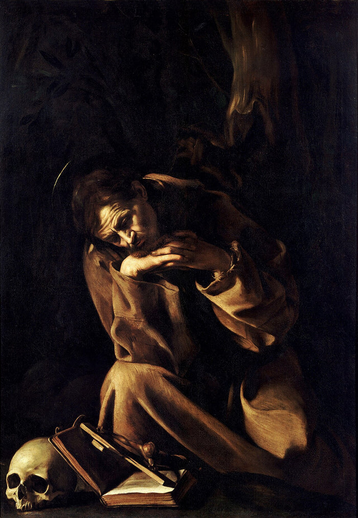 Francis in meditation before a skull and book, a common penitential motif, painted in 1606.