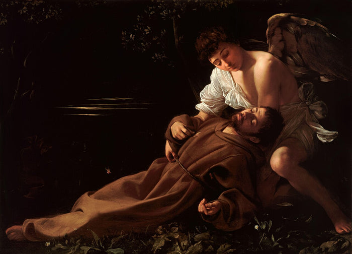 Baroque painting from 1594 of Francis sustained by an angel, evoking his ecstasy and stigmata.