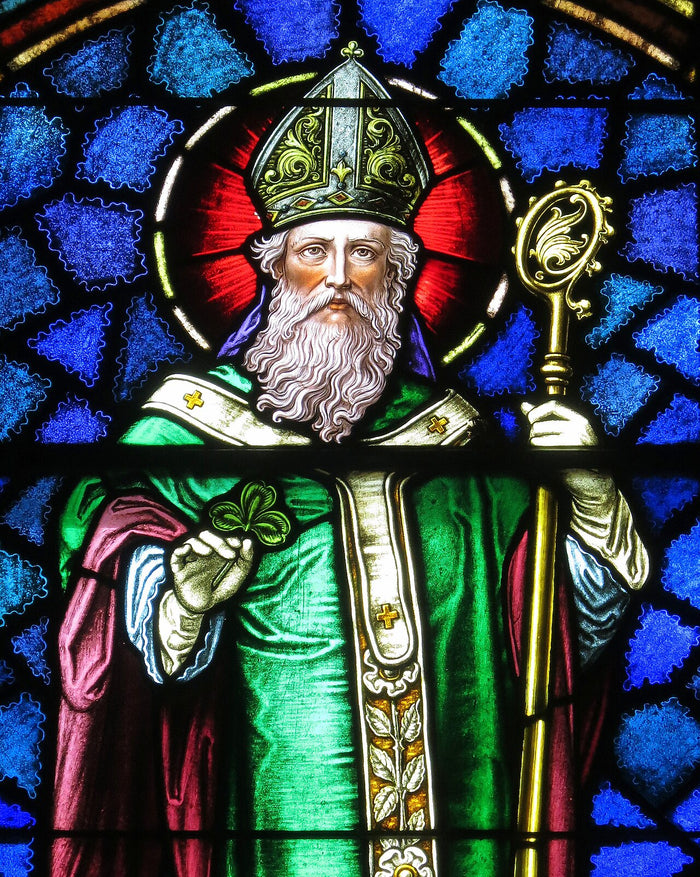 Stained glass of Saint Patrick as bishop with mitre, crozier and shamrock, Junction City, Ohio.