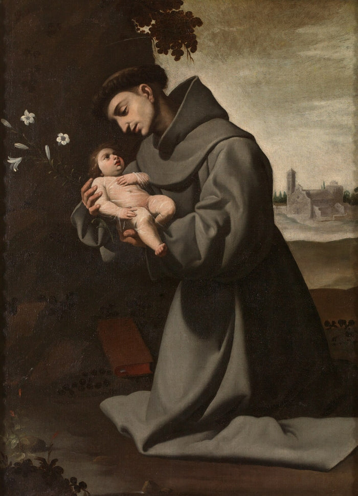Zurbarán's Saint Anthony of Padua with the Infant Christ, c. 1635–1650: kneeling friar holding the Child, with a lily.