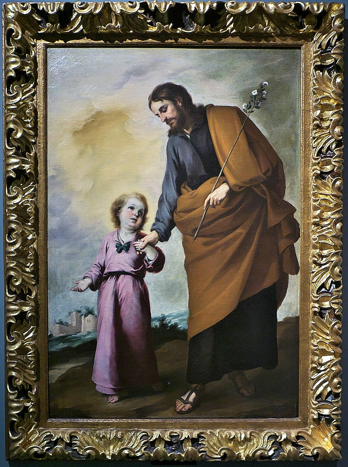 Baroque Spanish painting of San José leading the young Jesus by the hand, holding his flowering staff.