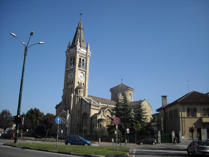 Santuario di Santa Rita in Turin, a large church dedicated to the saint, with its tall bell tower.