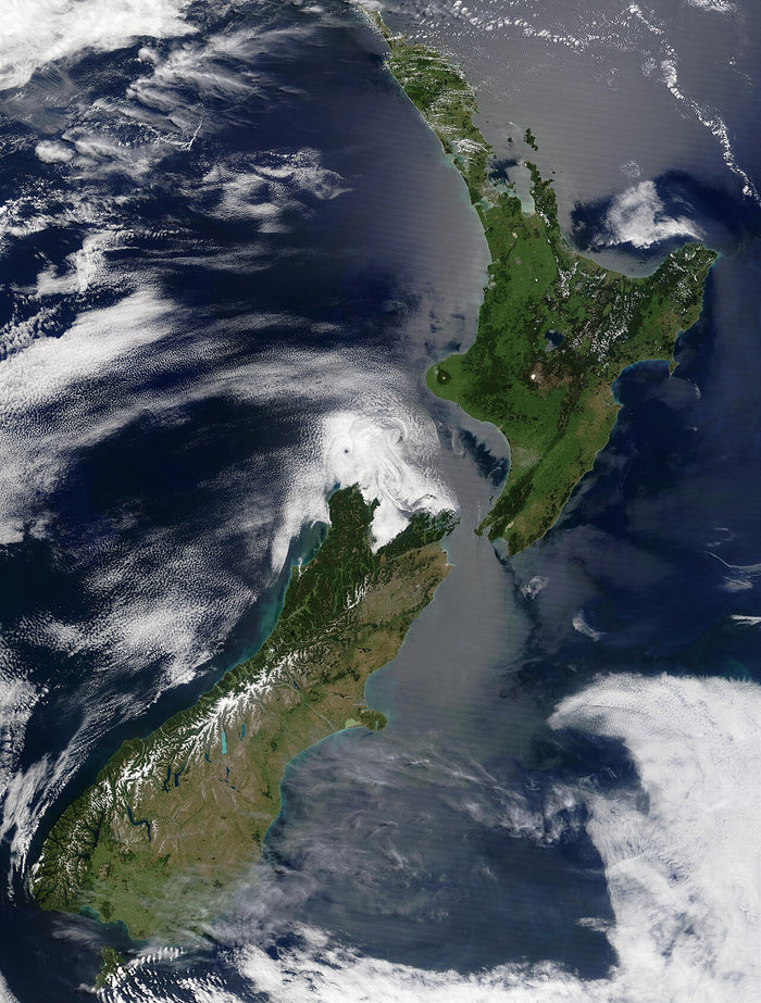 Satellite image of New Zealand, December 2002. In Māori tradition the North Island is Te Ika-a-Māui, the fish Māui hauled up.