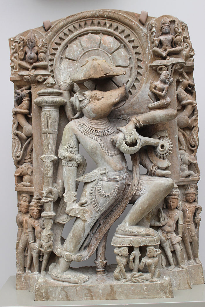 Medieval stone relief of Vishnu as boar-headed Varaha, with mace, discus, conch and attendant figures, Seattle museum.