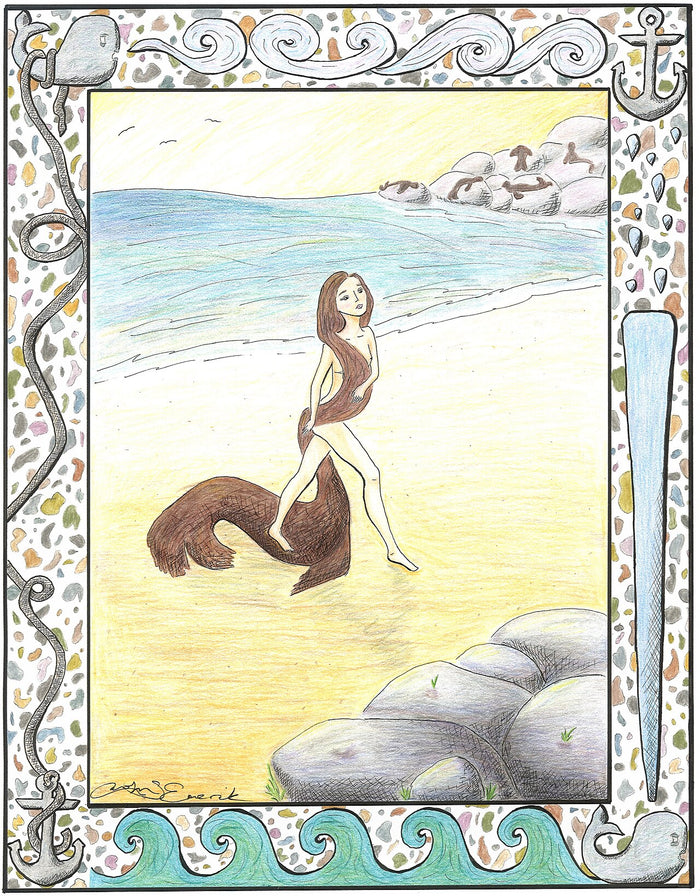 Drawing of a seal woman on the shore with her discarded sealskin, seals on rocks behind.